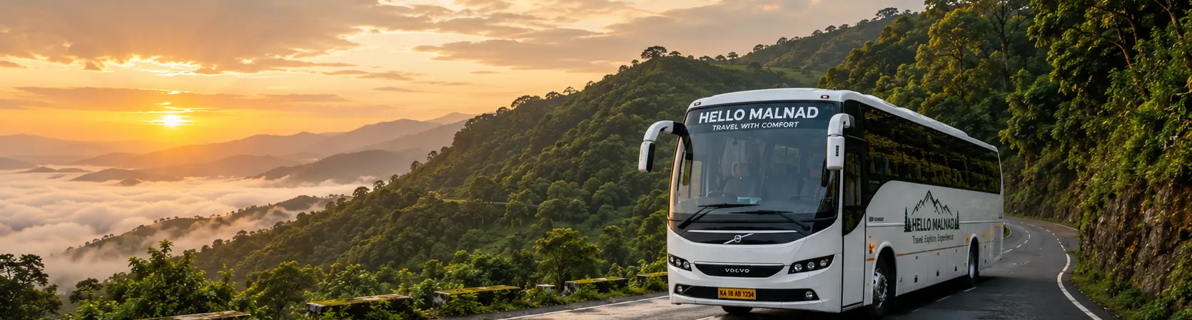 Bus travelling along a misty mountain road