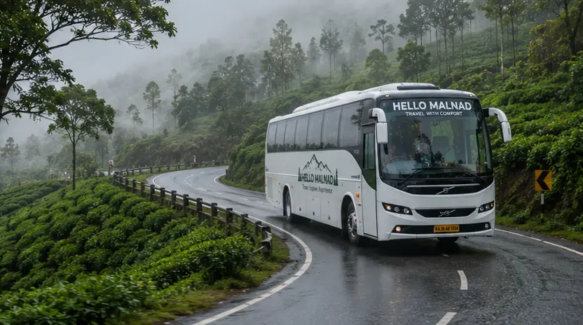 Bus travelling through green Malnad hills