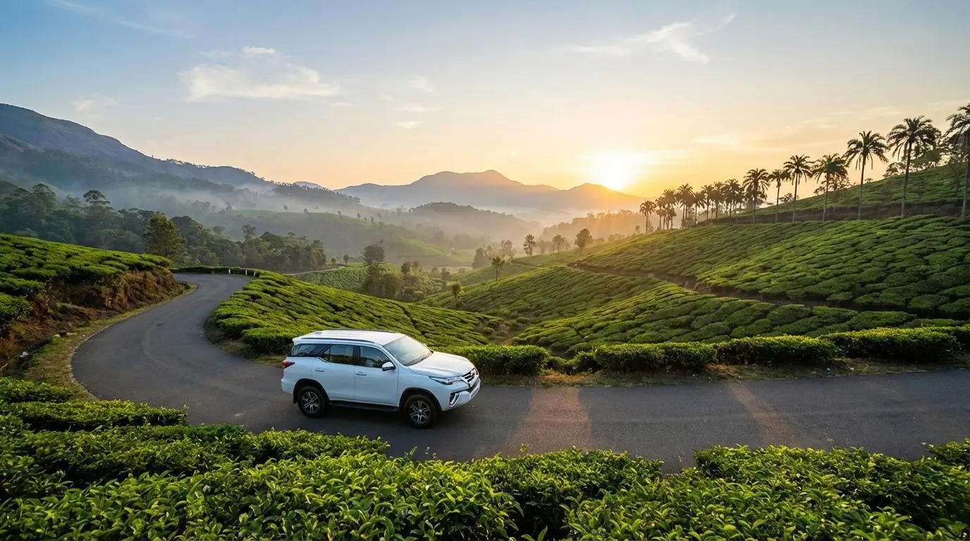 Golden sunrise over misty mountains and calm waters